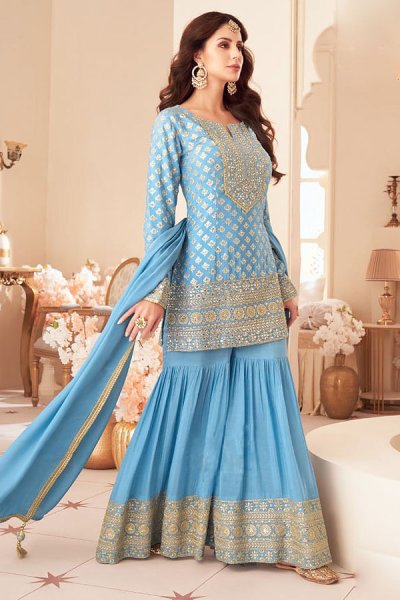 Baby Blue Chinon Silk Embroidered Sharara Kurta Set