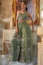 Olive Green Cotton Silk Embroidered Indowestern Sharara & Top Set With Attached Pallu