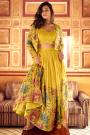 Yellow Chinon Silk Embroidered Top & Skirt Set With Jacket