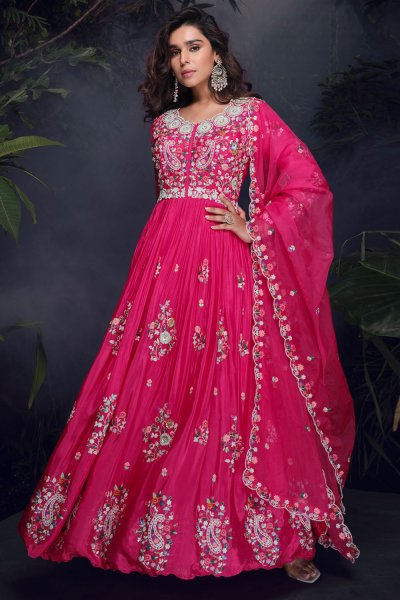 Hot Pink Chinon Silk Embroidered Anarkali Dress With Dupatta