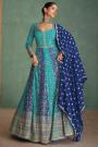 Turquoise & Blue Georgette Embroidered Anarkali Dress With Dupatta