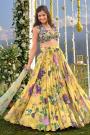 Sunflower Yellow Italian Silk Satin Printed & Embroidered Indowestern Lehenga Set