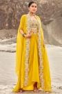 Stunning Yellow Embroidered Indowestern Satin Dhoti Skirt & Net Top With Organza Silk Shrug