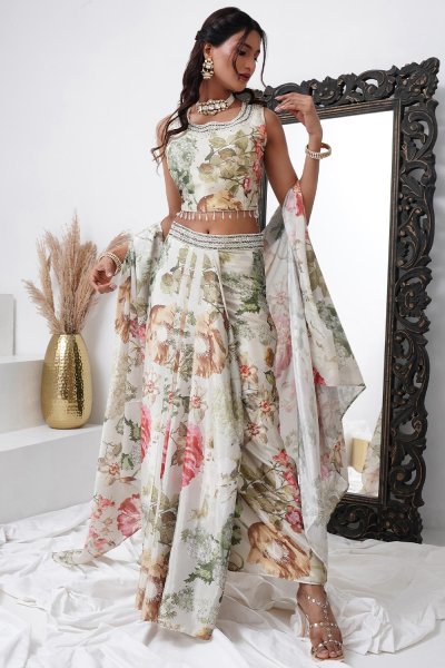 Ivory Chinon Silk Printed & Embroidered Dhoti Skirt Set With Shrug