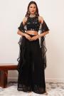 Black Georgette Embroidered Indowestern Top & Palazzo Set With Stole