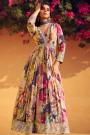 Multicolor Chinon Silk Printed & Embroidered Anarkali Dress With Dupatta