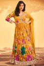 Mustard Chinon Silk Printed & Embroidered Anarkali Dress With Dupatta