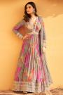 Grey Chinon Silk Printed & Embroidered Anarkali Dress With Dupatta