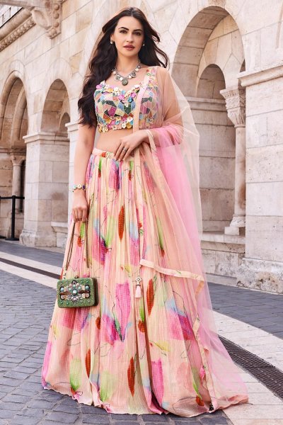 Blush Pink & Multicolor Chinon Silk Printed & Embroidered Indowestern Lehenga Set