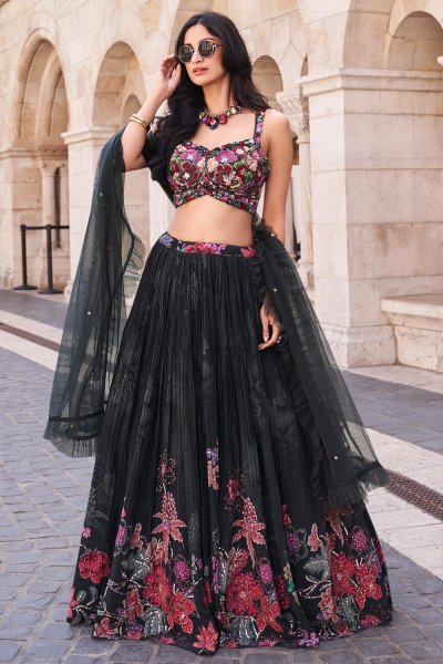 Black Chinon Silk Printed & Embroidered Indowestern Lehenga Set