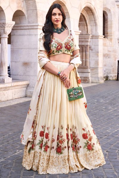 Deep Ivory Chinon Silk Printed & Embroidered Indowestern Lehenga Set