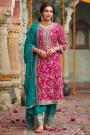 Pink & Teal Chinon Silk Embroidered Kurta Set