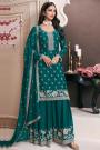 Teal Chinon Silk Embroidered Sharara Kurta Set