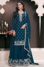 Prussian Blue Chinon Silk Embroidered Sharara Kurta Set