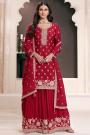 Red Chinon Silk Embroidered Sharara Kurta Set