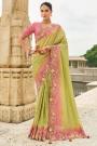 Lemon Green & Pink Tissue Silk Embroidered Saree