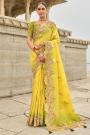 Lemon Yellow & Green Tissue Silk Embroidered Saree