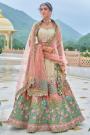 Peach, Aqua, & Ivory Silk Embroidered Lehenga Set