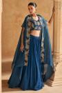 Prussian Blue Chinon Silk Hand Embroidered Skirt Set With Organza Silk Jacket