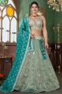 Teal Jacquard Silk Hand Embroidered Lehenga Set