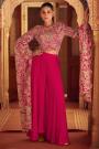 Pink Chinon Silk Embroidered Indowestern Long Sleeve Top With Palazzo