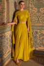 Mustard Chinon Silk Embroidered Indowestern Long Sleeve Top With Palazzo