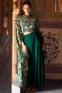 Bottle Green Chinon Silk Embroidered Indowestern Long Sleeve Top With Palazzo