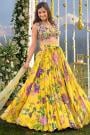 Sunflower Yellow Italian Silk Satin Printed & Embroidered Indowestern Lehenga Set