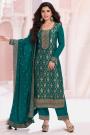 Teal Chinon Silk Jacquard Embroidered Kurta Set