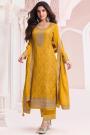 Mustard Chinon Silk Jacquard Embroidered Kurta Set