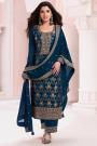 Navy Blue Chinon Silk Jacquard Embroidered Kurta Set