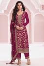 Wine Chinon Silk Jacquard Embroidered Kurta Set