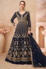 Deep Navy Chinon Silk Embroidered Anarkali Dress With Skirt