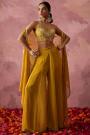 Mustard Georgette Embroidered Top & Palazzo Set With Organza Silk Cape