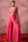 Coral Georgette Embroidered Top & Palazzo Set With Organza Silk Cape