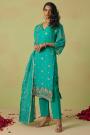 Turquoise Green Organza Silk Embroidered Kurta Set