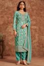 Aqua Jacquard Silk Embroidered Kurta Set With Chinon Silk Dupatta