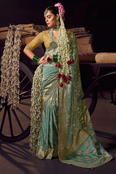 Aqua Tissue Silk Zari Woven & Hand Worked Saree