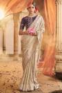 Ivory Satin Silk Zari Woven & Embroidered Saree