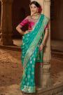 Turquoise Satin Silk Zari Woven & Embroidered Saree