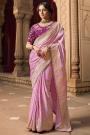 Purple Pink Satin Silk Zari Woven & Embroidered Saree