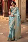 Sky Blue Satin Silk Zari Woven & Embroidered Saree