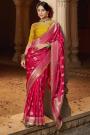 Deep Pink Satin Silk Zari Woven & Embroidered Saree