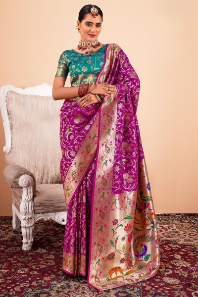 Plum Zari Weaved Paithani Silk Saree