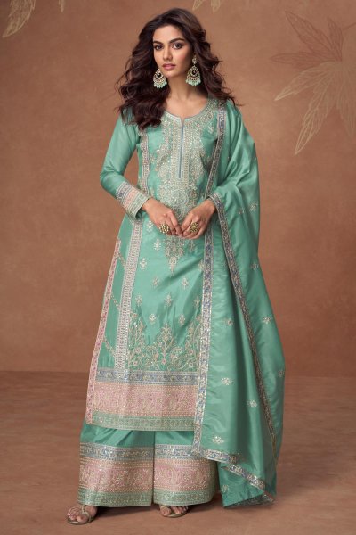 Aqua Organza Silk Embroidered Kurta Set