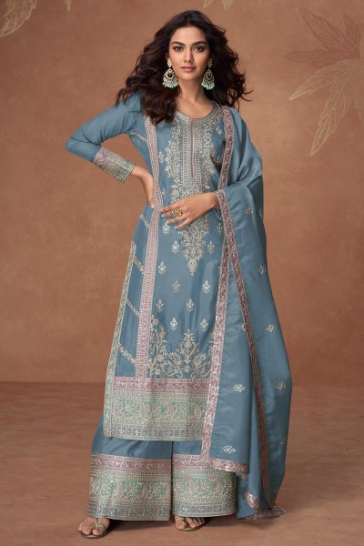 Light Pale Blue Organza Silk Embroidered Kurta Set