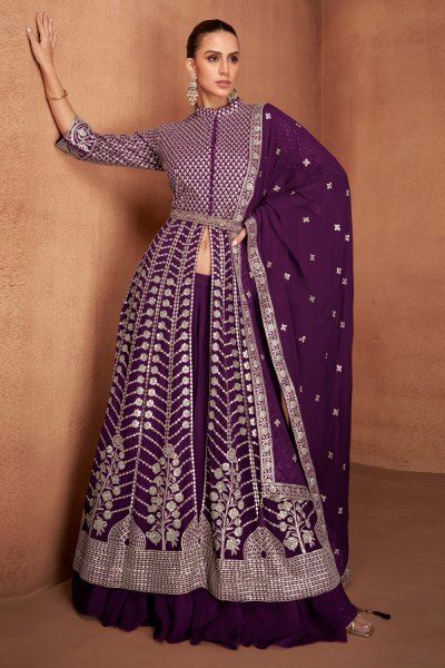 Plum Georgette Embroidered Anarkali With Skirt