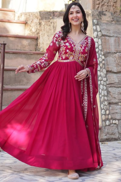 Pink Georgette Embroidered Anarkali Dress With Dupatta