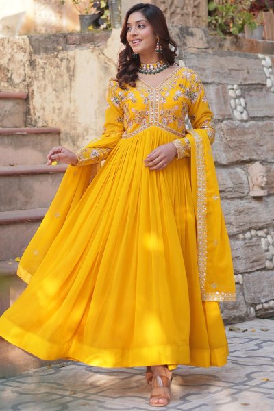 Yellow Georgette Embroidered Anarkali Dress With Dupatta