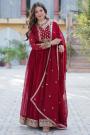 Deep Red Georgette Embroidered Anarkali Dress With Dupatta